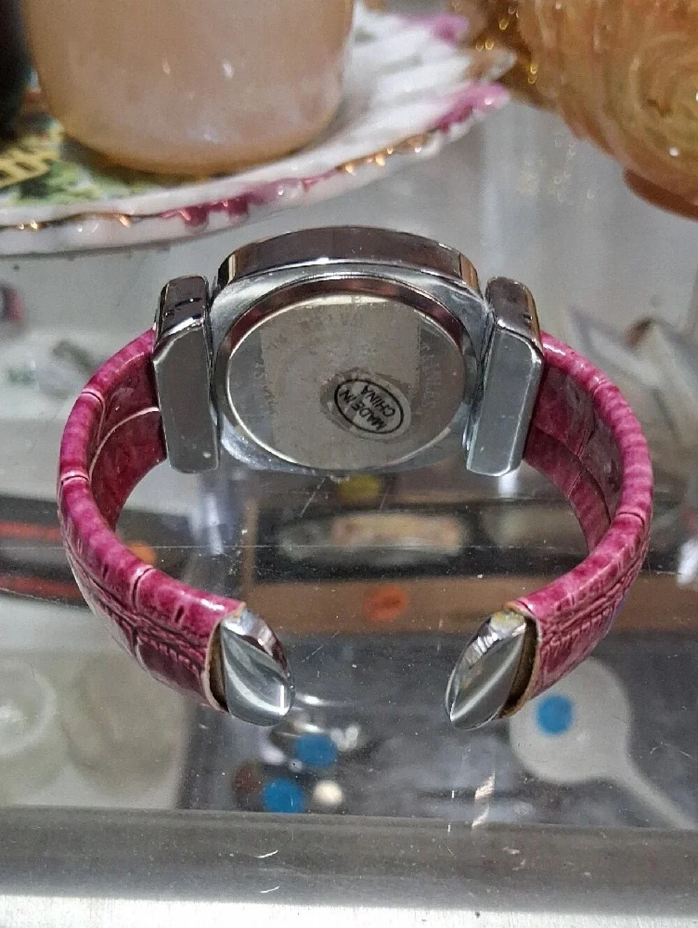 Geneva Silver-Tone Case Watch with Pink Strap